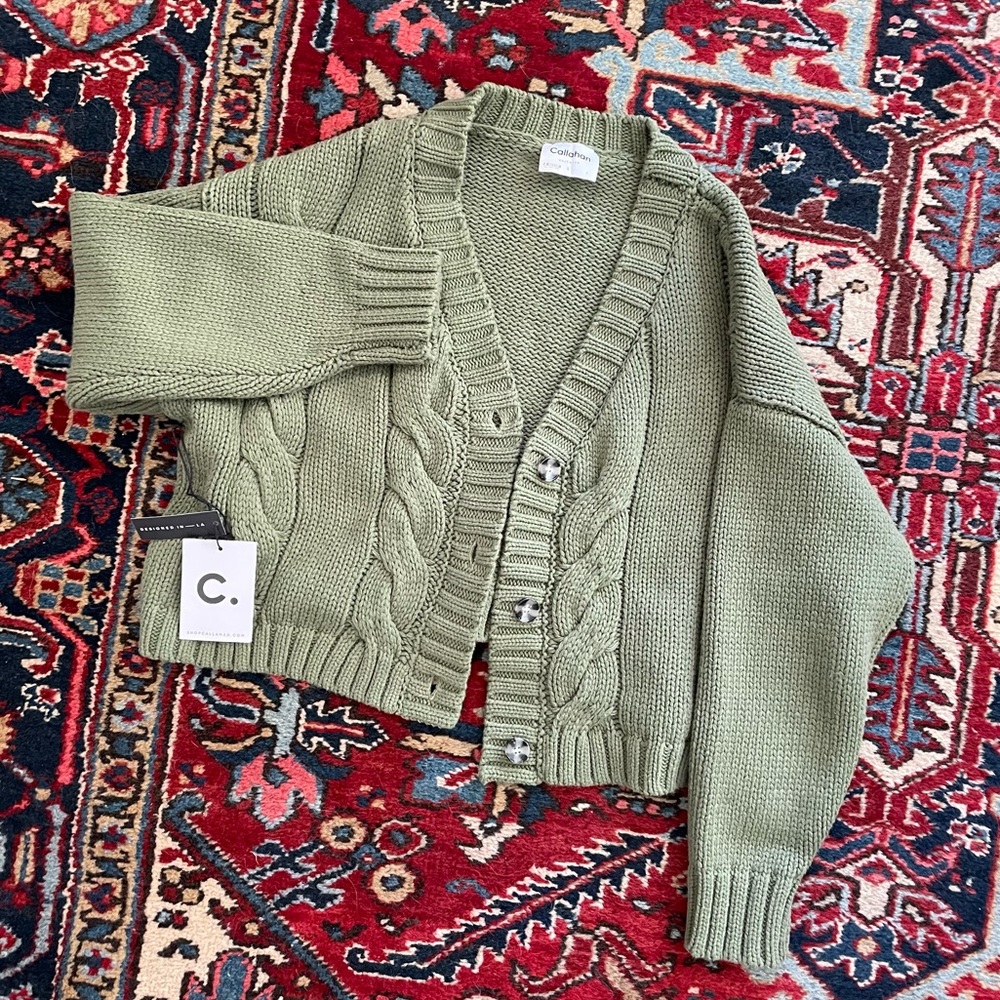 Chunky cropped green sweater cardigan oversized size L